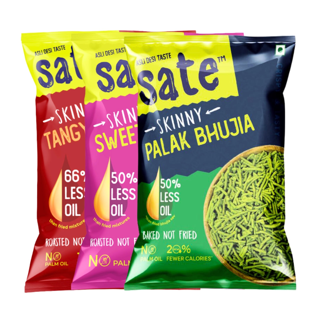Combo of 3 Healthy Snack to buy Tangy Masala, Sweet & Sour and Palak Bhujia.