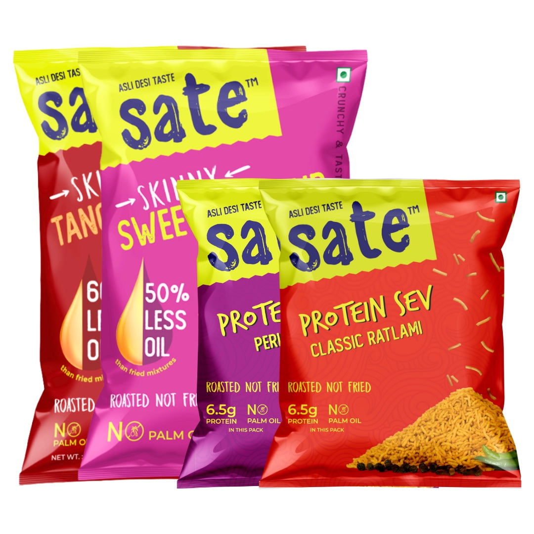 Best Low Calorie Snack Combo of Tangy Masala Sweet& Sour and Peri Peri and Classic Ratlami Protein Sev.