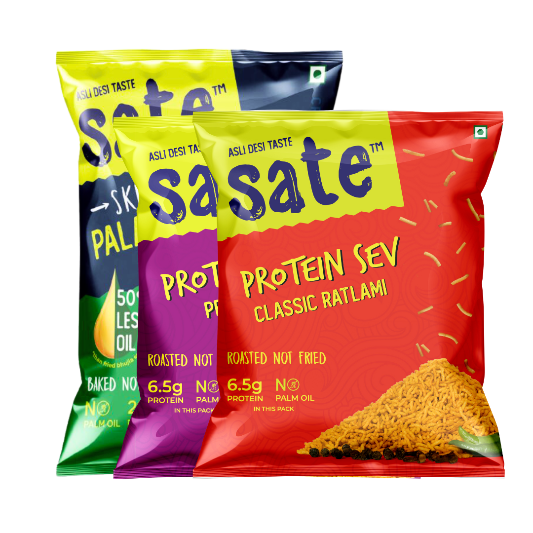 Assorted Sate snacks featuring Skinny Palak Bhujia and Protein Sev (Classic Ratlami), roasted and not fried, high in protein, low in calories, with no palm oil, ideal healthy namkeen options for online purchase