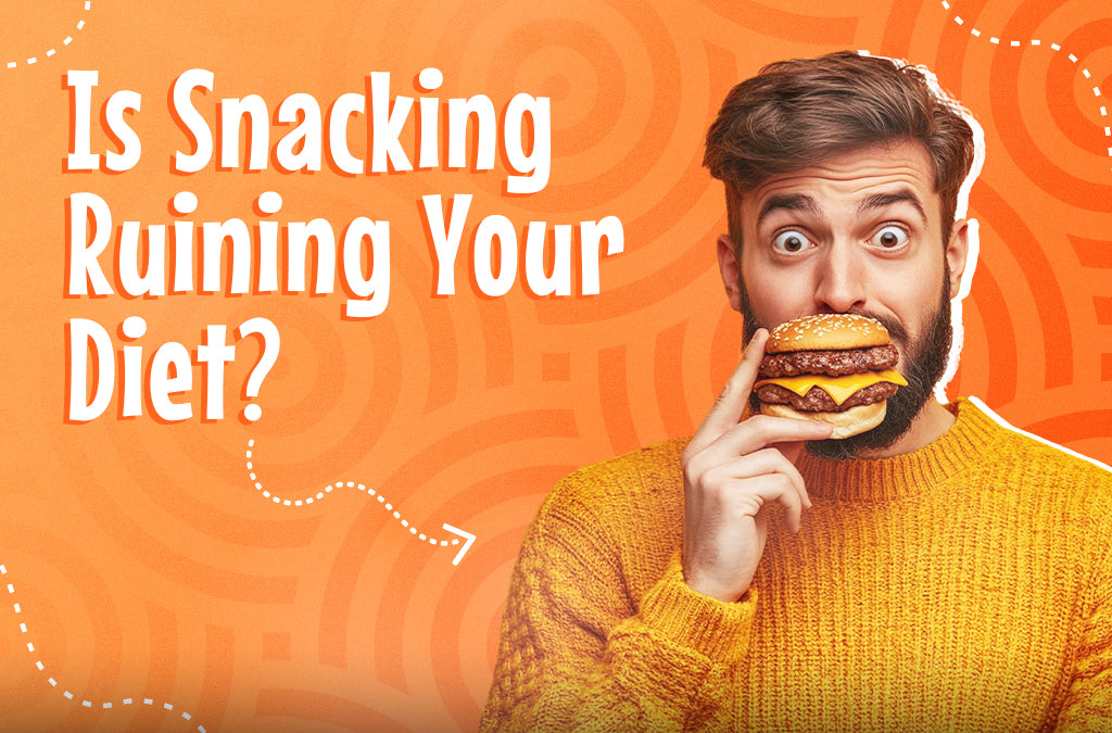 Man in a yellow sweater holding a burger with the text 'Is Snacking Ruining Your Diet?' on an unique orange background.