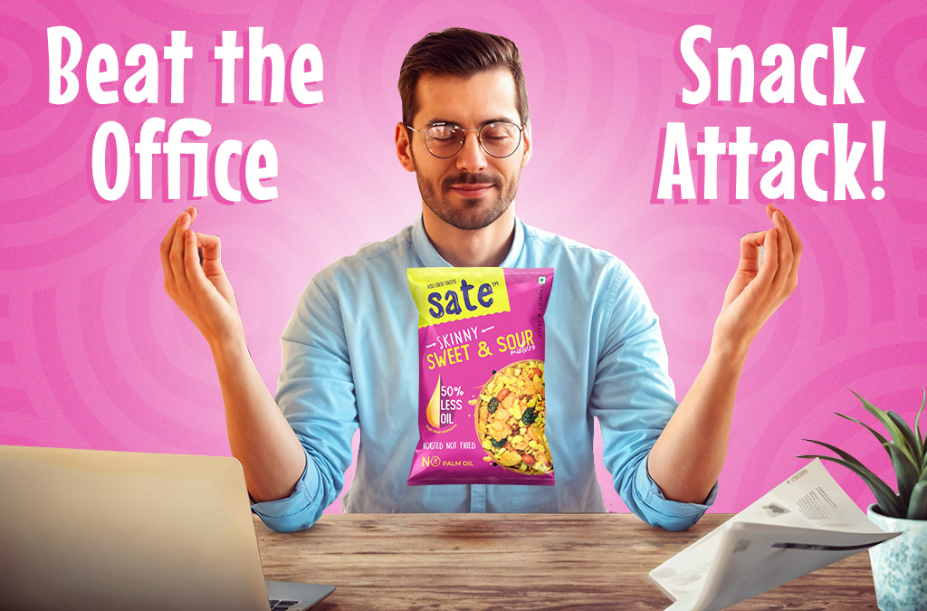 Man meditating at his desk with a Pack of Heatlhy Snack, with the text 'Beat the Office Snack Attack!' in pink background.